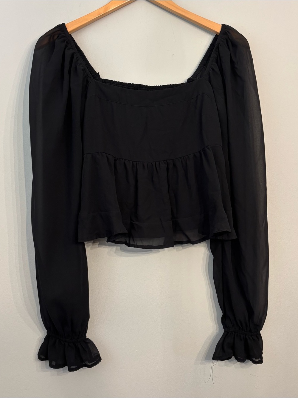 Abercrombie & Fitch Black Sheer Long-Sleeve Peplum Blouse